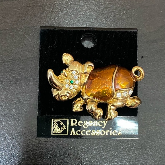 Vintage Regency Accessories Rhinoceros Enamel Rhinestones Brooch - Picture 2 of 11